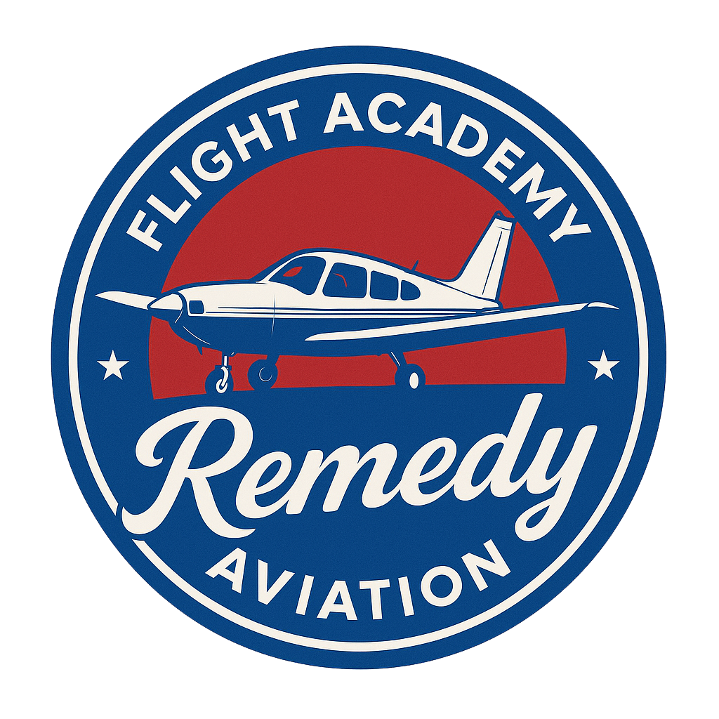 Remedy Aviation Flight Academy circular retro aviation logo